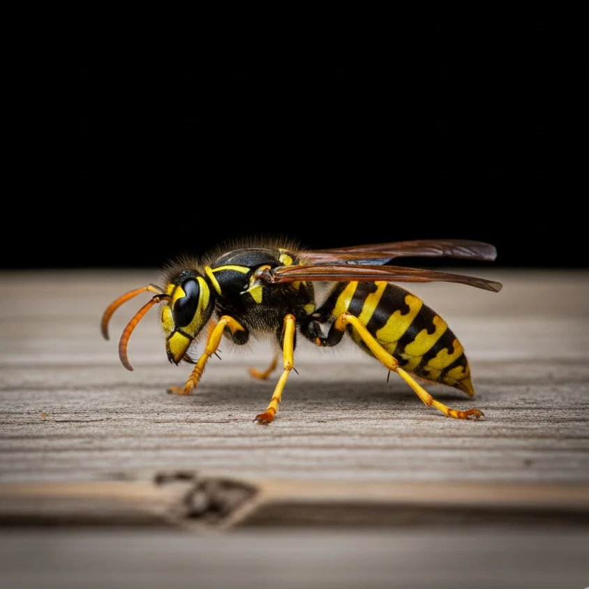 Guêpe en gros plan — destruction nid de guêpes à Eysines, Le Taillan-Médoc, Blanquefort et Saint-Médard-en-Jalles, professionnel anti-guêpes certifié Biocide