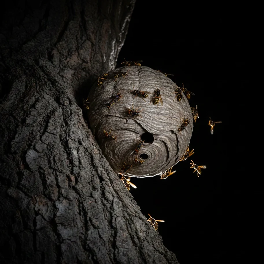 Nid de frelons asiatiques découvert sur un arbre à Eysines — destruction par expert certifié Biocide, intervention 7j/7 en Gironde